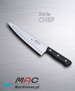 Cooks Knife – nóż kucharza. Ostrze 200 mm Wszechstronny nóż kucharzy, z wydrążonymi zagłębieniami w ostrzu, do krojenia i siekania.