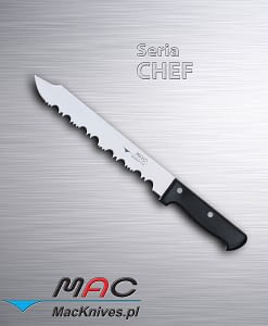 Frozen Knife – nóż do mrożonek. Ostrze 230 mm Mocno ząbkowany nóż zaprojektowany w celu przecinania bloków mrożonek bez uszkodzeń. Nie próbuj ciąć zamrożonej żywności innymi nożami MAC, gdyż może to spowodować uszkodzenie lub pęknięcie ostrza.